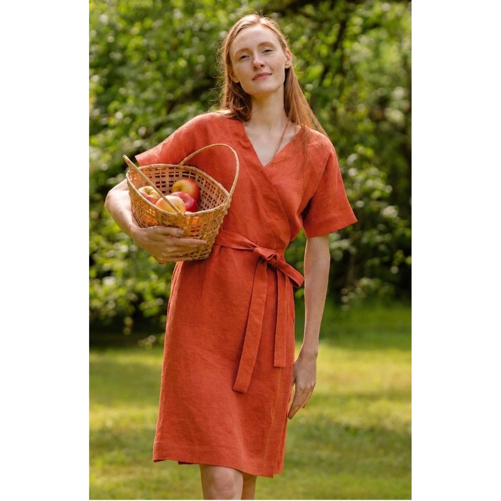 Menique Eliana Linen Wrap Dress Cinnamon Red Short Sleeve V-Neck Midi L NEW